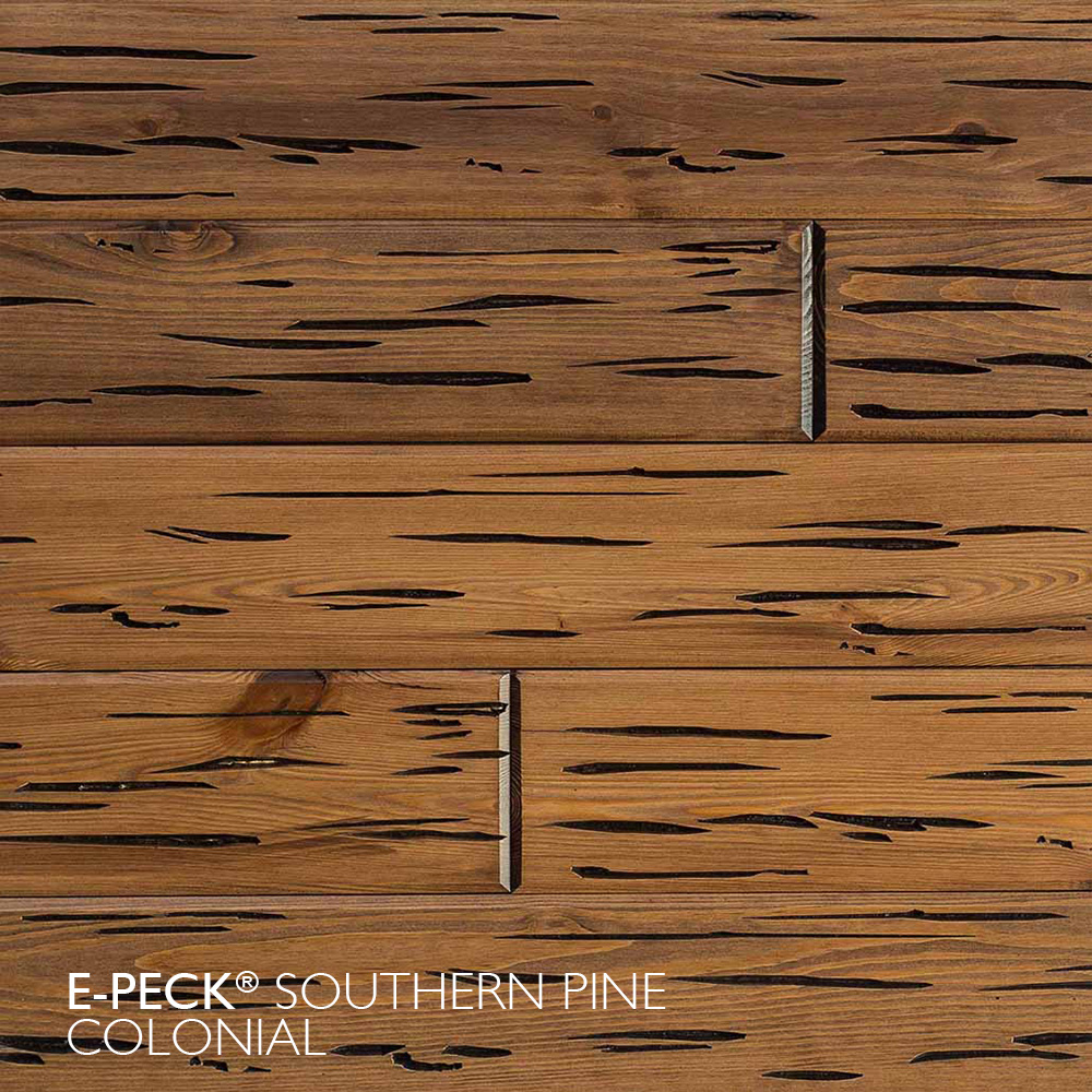 E-Peck® Southern Pine Colonial by Synergy Wood - Rare Pecky Cypress look on Red Grandis, Eastern White Pine and Southern Pine boards.