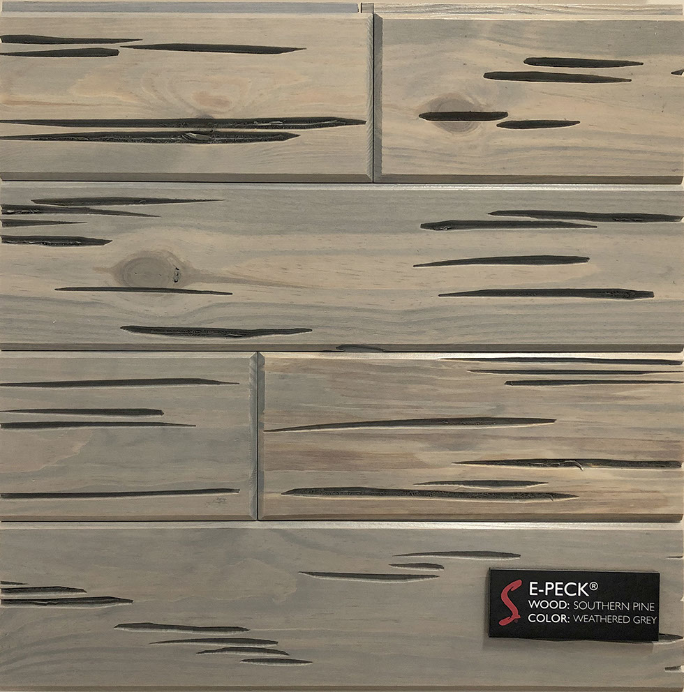 E-Peck® Southern Pine Weathered Grey by Synergy Wood - Rare Pecky Cypress look on Red Grandis, Eastern White Pine and Southern Pine boards.