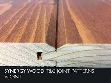 V-Joint tongue and groove pattern by Synergy Wood features prefinished, handcrafted wood walls and wood ceilings. 
