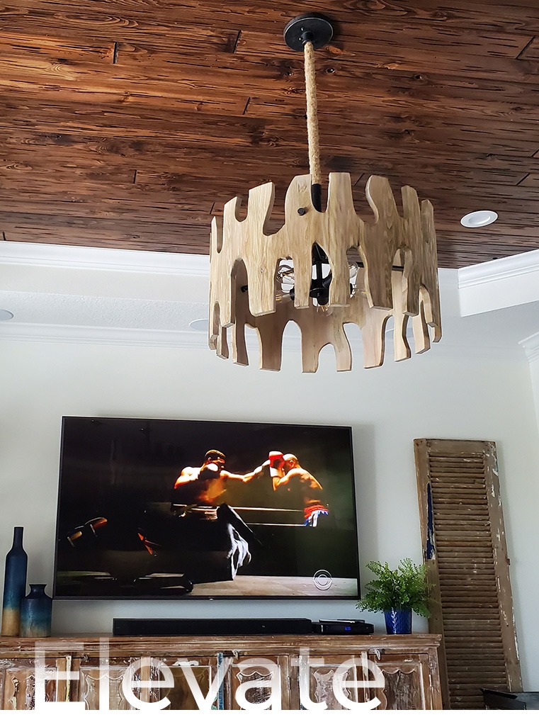 Synergy Wood E-Peck in Colonial on Southern yellow pine. Re-create the rustic and unique look of cypress pecky wood on Red Grandis or Southern Pine.